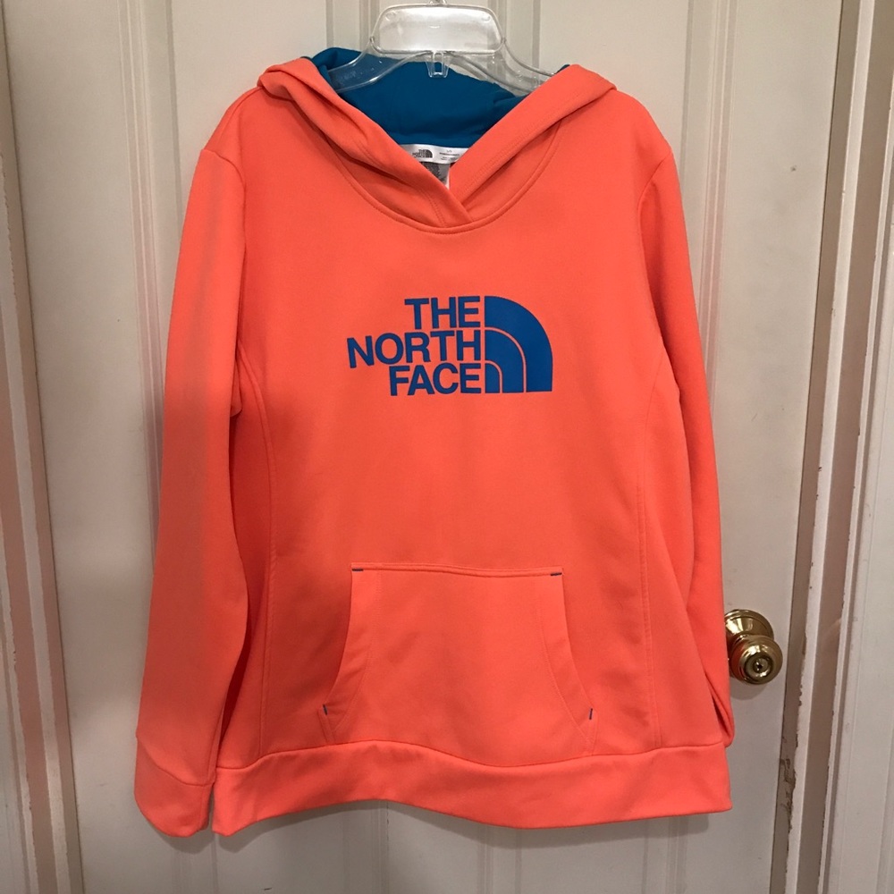 The North Face Coral Orange Hoodie with Blue Logo